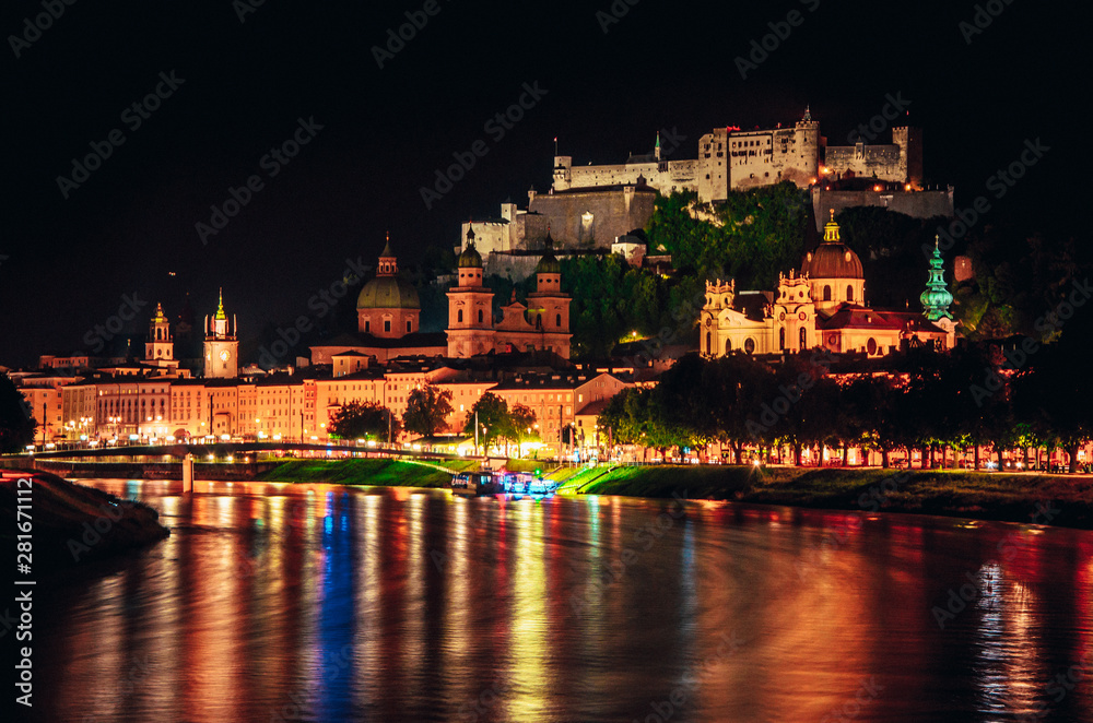 Salzburg Panoram in the Night, Salzach River and Hohensalzburg Fortress