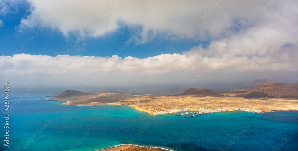 beautiful volcanic island Lanzarote - panoramic view from Mirador del rio. Canary islands