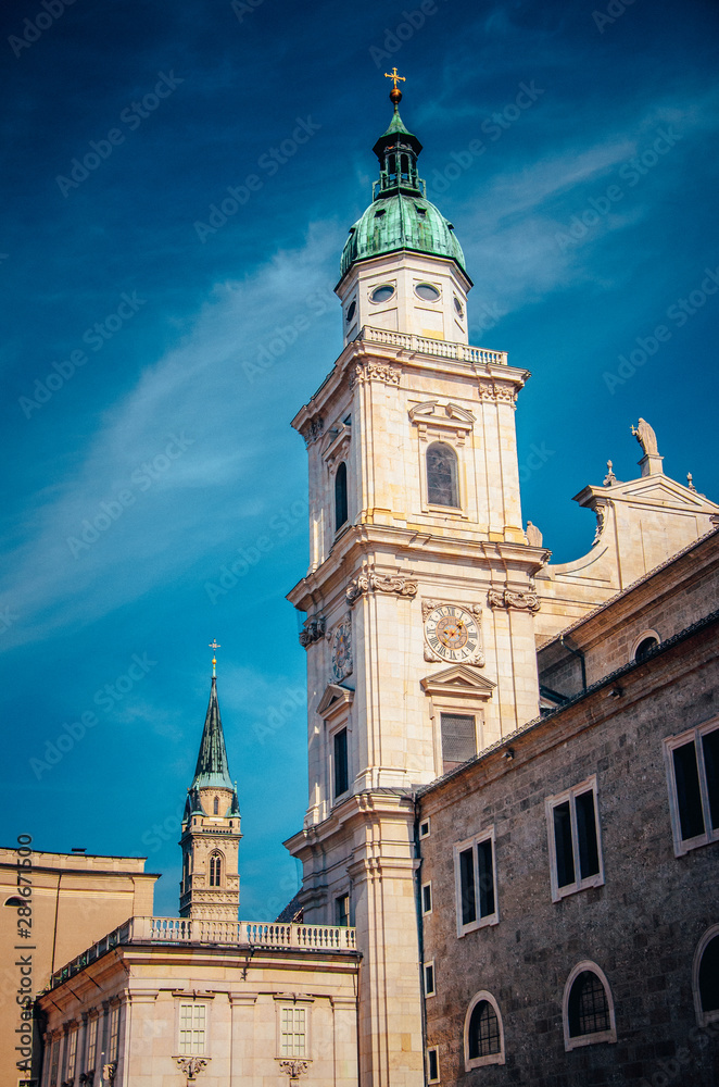 Tower of Salzburg Cathedral in summer morning