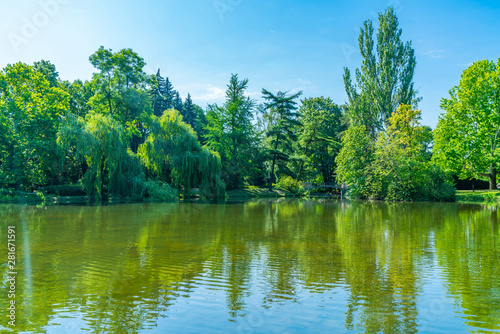 A small lake in Ujazdow Park, public park in Warsaw, Poland