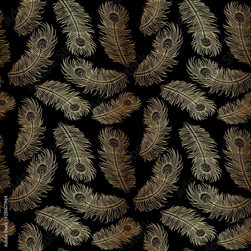 Gold Peacock Feather Seamless Pattern on Black Background