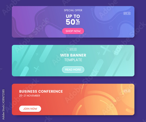 Colorful web banner with push button. Collection of horizontal promotion banners with gradient colors and abstract geometric backdrop.Header design. Vibrant coupon template. Vector eps 10 photo