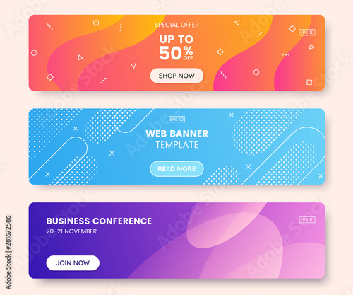 Colorful web banner concept with push button. Collection of horizontal promotion banners with gradient colors and abstract dynamic shapes. Header design for website. Vibrant background. photo