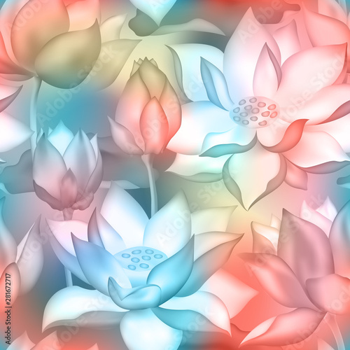 Lotus buds and flowers seamless wallpaper., Water lilly nelumbo aquatic plant botanical design.