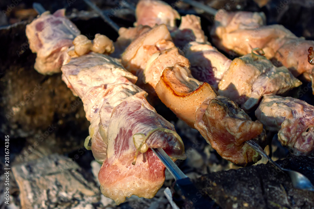 Shish kebab on skewers is fried on a brazier made of stones in the forest. Shish kebab on skewers is fried on a brazier made of stones in the forest.