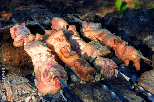 Shish kebab on skewers is fried on a brazier made of stones in the forest.