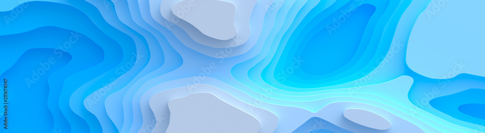 Fototapeta Szeroka panorama 3D krajobraz stylu cięcia papieru, zakrzywione kształty z niebieskimi gradientami, abstrakcyjne linie geometryczne wzór tła sztuki ilustracji do projektu okładki, książki, plakatu, ulotki