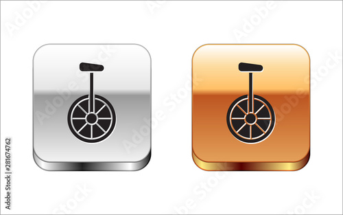 Black Unicycle or one wheel bicycle icon isolated on white background. Monowheel bicycle. Silver-gold square button. Vector Illustration