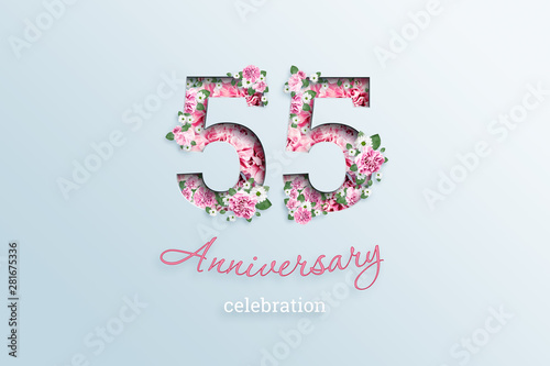 Creative background, the inscription 55 number and anniversary celebration textis flowers, on a light background. Anniversary concept, birthday, celebration event, template, flyer photo