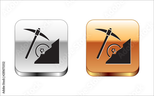Black Cryptocurrency cloud mining icon isolated on white background. Cloud with pickaxe, bitcoin, digital money market, cryptocoin wallet. Silver-gold square button. Vector Illustration