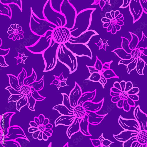 Floral seamless pattern with hand drawn roses. Pink flowers on violet background.