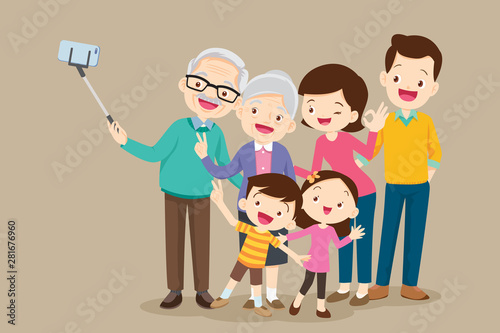 Elderly making selfie photo with family
