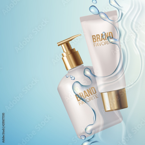 Concept Skin Care Cosmetic.Water. Coenzyme Q10. Collagen Serum and Vitamin Background.Container mockup, cosmetic bottle package,bank.Elegant Background.Vector