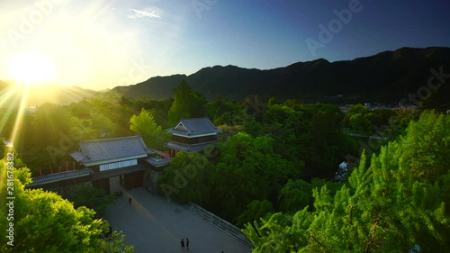 Aerial view of Ueda Castle and Mount Taro at sunset,  Ueda,  Japan photo