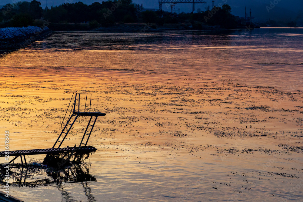 Danube River old neglected diving platform at sunset in Kladovo near Kladovo Marina, Serbia