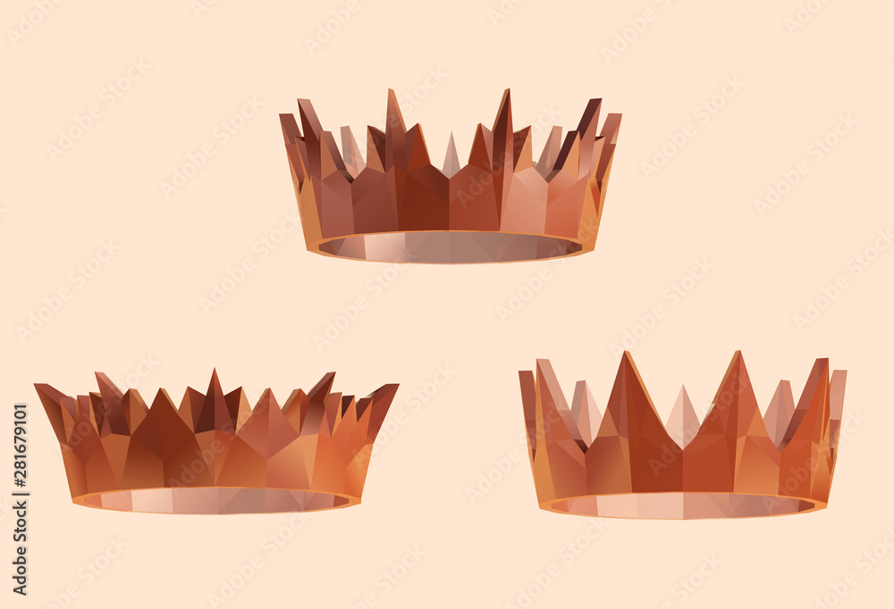 Clay Crown. Set of Brown Shiny Crowns on Isolated Background. Low Poly