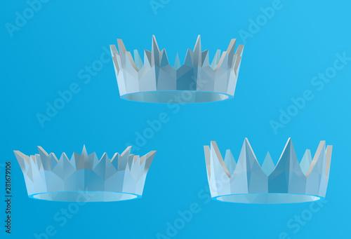 Plaster Crown. Set of White Crowns on Blue Background. Low Poly Vector 3D Rendering