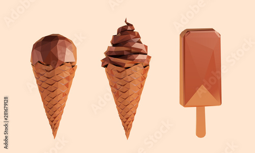 Chocolate Ice Cream Collection. Set of Brown Shiny Gelato on Isolated Background. Low Poly Vector 3D Rendering