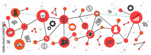 Banner de network y marketing de medios de comunicación social, con iconos rojos y naranjas y conexión de datos y red network. photo