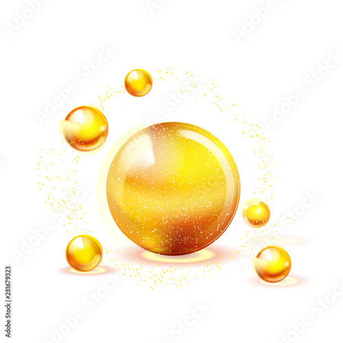 Vitamins gold shining icon. Ascorbic acid. Shining golden substance drop. Nutrition skin care.Medical background.Beauty. Vector.