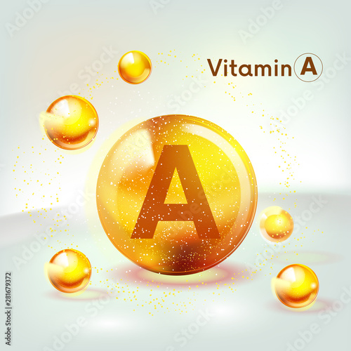 Vitamin A gold shining icon. Ascorbic acid. Shining golden substance drop. Nutrition skin care. Vector.