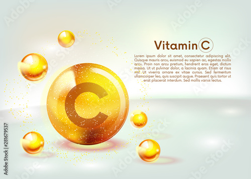 Vitamin C gold shining icon. Ascorbic acid. Shining golden substance drop. Nutrition skin care. Vector.