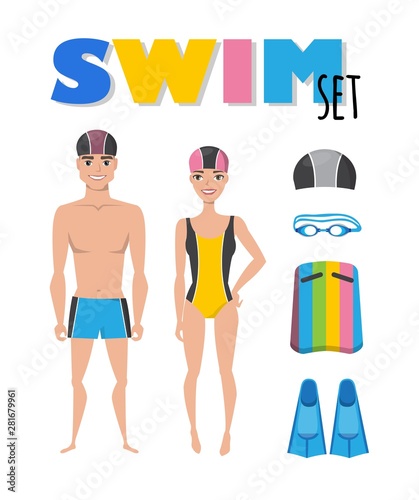 Swimming infographic elements. Set of swim icons. People in bathing suits. Accessories for swimming. Vector flat cartoon illustration.