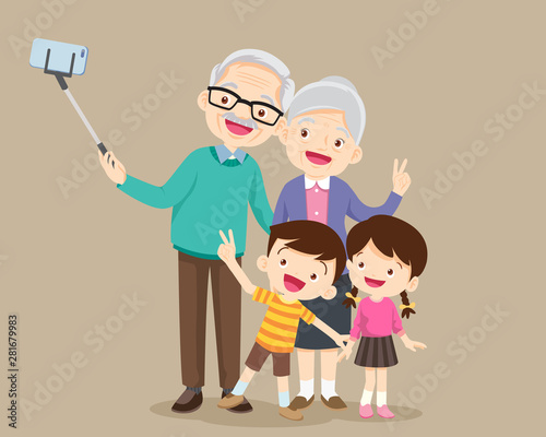  Elderly couple making selfie photo with smartphone