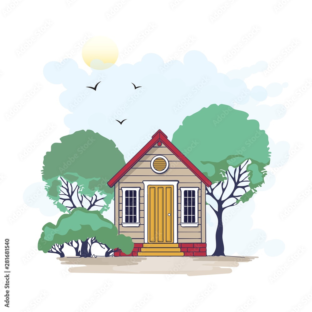 vector illustration of country landscape, wooden house with garden in summer