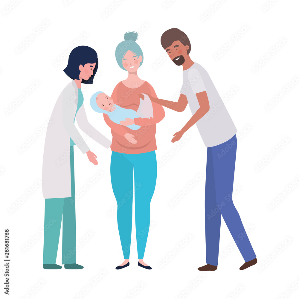 Mother and father with baby and doctor design