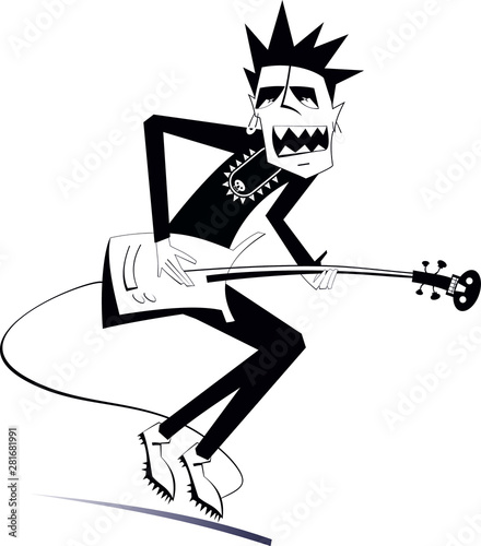 Cartoon expressive guitarist illustration. Guitarist is playing music and singing with the great inspiration black on white