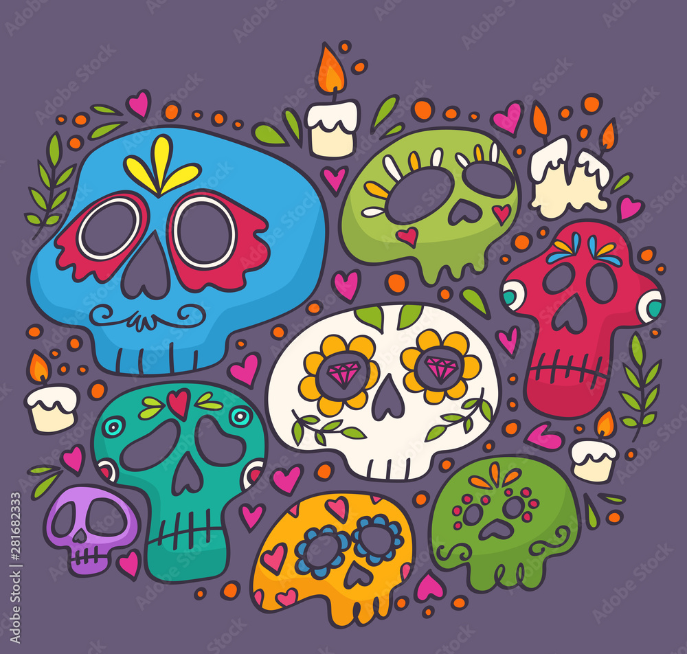Day of the Dead print. Holy Death. Mexican sugar skulls. Day of the Dead print. Holy Death. Mexican sugar skulls.