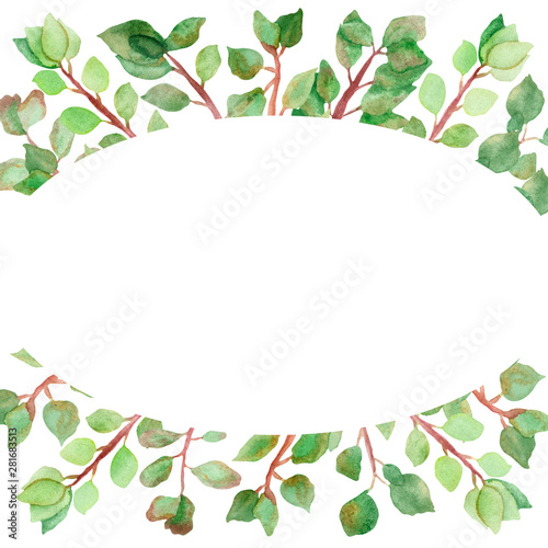 Watercolor hand painted nature oval frame with green leaves and branches for invitations and greeting cards with the space for text