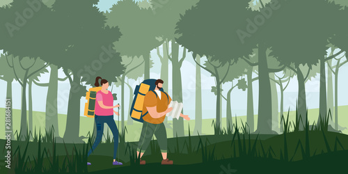 Tourists cute couple in love performing outdoor touristic activity - adventure travel, hiking walking trip