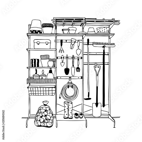 Outline drawing garden tools on a shelving in a barn, shovels, rakes, pots, plants, harvest, watering hose, baskets and boxes , sketch by hand with contour lines. Vector illustration