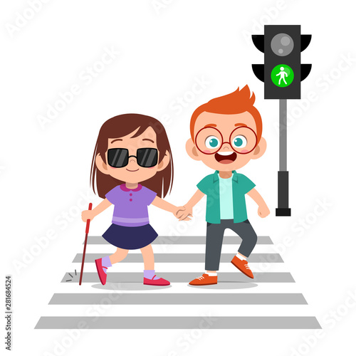 kid boy help blind friend cross road