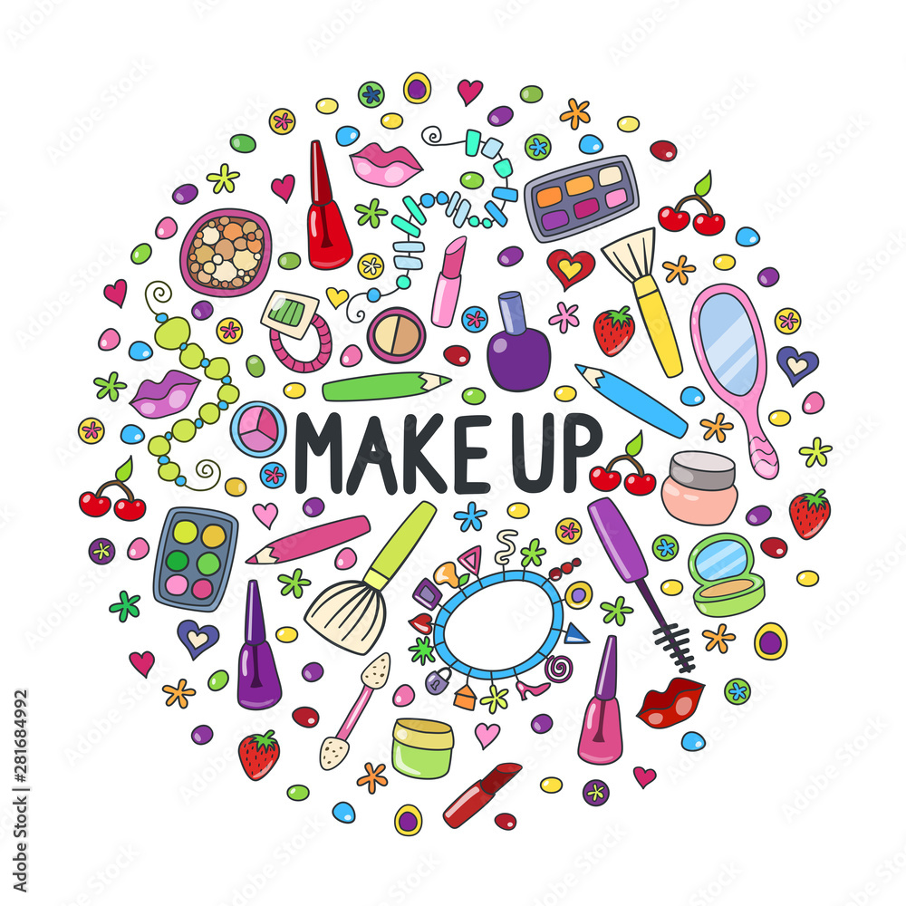 Make up doodle logo in circle with lipstick, cream, mascara, powder, shades, brush, handwritten lettering. Text, make up and cosmetics symbols. Beauty make up fashion doodle logo. Cosmetics vector Make up doodle logo in circle with lipstick, cream, mascara, powder, shades, brush, handwritten lettering. Text, make up and cosmetics symbols. Beauty make up fashion doodle logo. Cosmetics vector