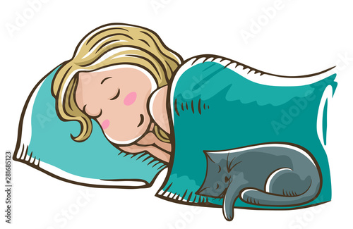 Sleeping blonde girl on a pillow with cat. Isolated on white background. Good night, sweet dreams.