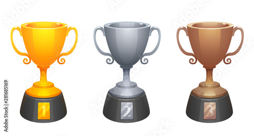 Vector gold, silver, bronze cups trophy awards with base. Prizes for the first, second and third place. Shiny trophy on white background.  Winners cup set.