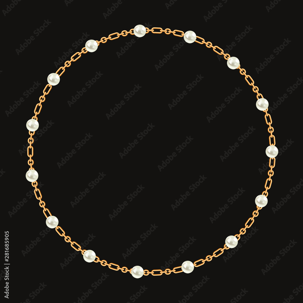 Round frame made with golden chain and white pearls. On black. Vector illustration Round frame made with golden chain and white pearls. On black. Vector illustration