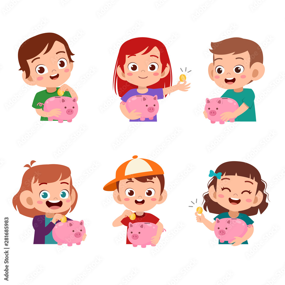 Boys and girls holding piggy bank illustration set bundle Boys and girls holding piggy bank illustration set bundle