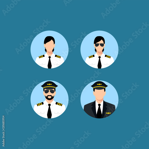Pilot icons vector isolated on blue background for your web and mobile app design. Male and female pilot. gender equality, professions. Airplane people