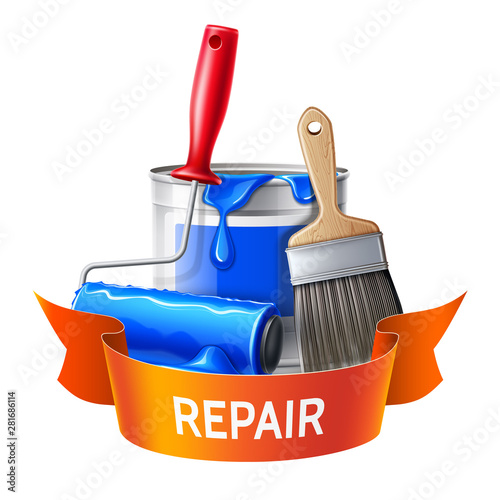 Realistic wall painter tools set. 3d paint roller, brush and bucket with pink paint. Vector redecoration equipment, wall decoration workers design. Labour day holiday, artistic workers elements.