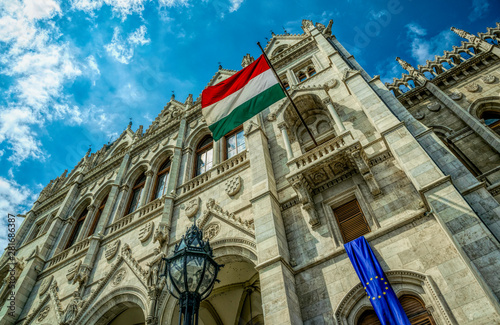 National flag of Hungary on the facade of the Hungarian parliament building