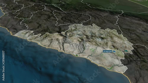 Arequipa - region of Peru with its capital zoomed on the satellite map of the globe. Animation 3D