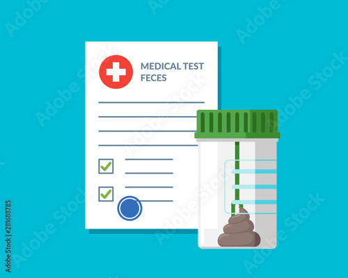 Plastic jar stool feces test analysis and medical form list with results data and approved check mark vector illustration. Clinical checklist document. Insurance or medicine examination concept