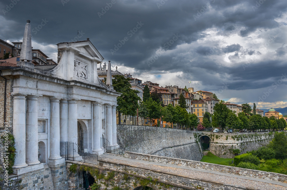 Clouds over Bergamo, Upper City, Lombardy, Italy.