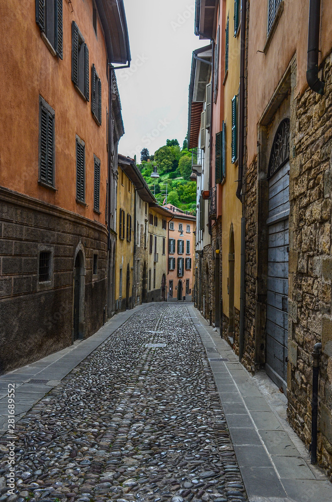 Street in Bergamo, Upper City, Lombardy, Italy. 