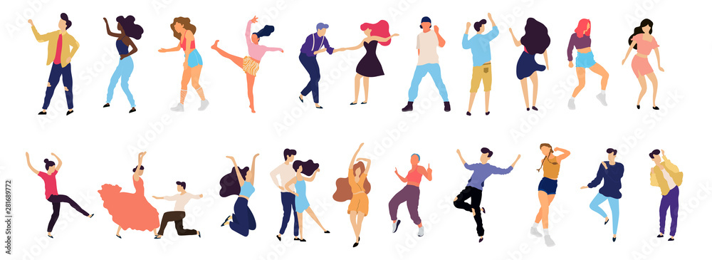 Crowd of young people dancing at club. Big set of characters having fun at party. Flat colorful vector illustration. - Vector