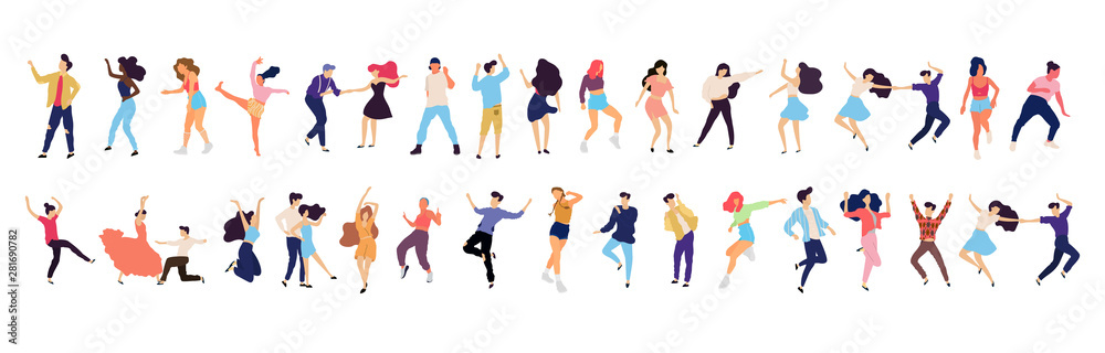 Crowd of young people dancing at club. Big set of characters having fun at party. Flat colorful vector illustration. - Vector